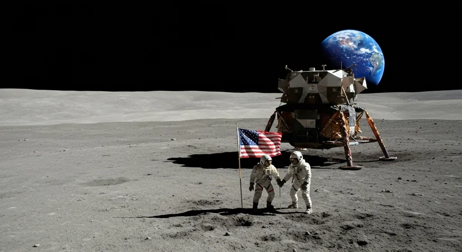 A wide shot of the lunar surface showing Buzz Aldrin and Neil Armstrong planting the American flag,