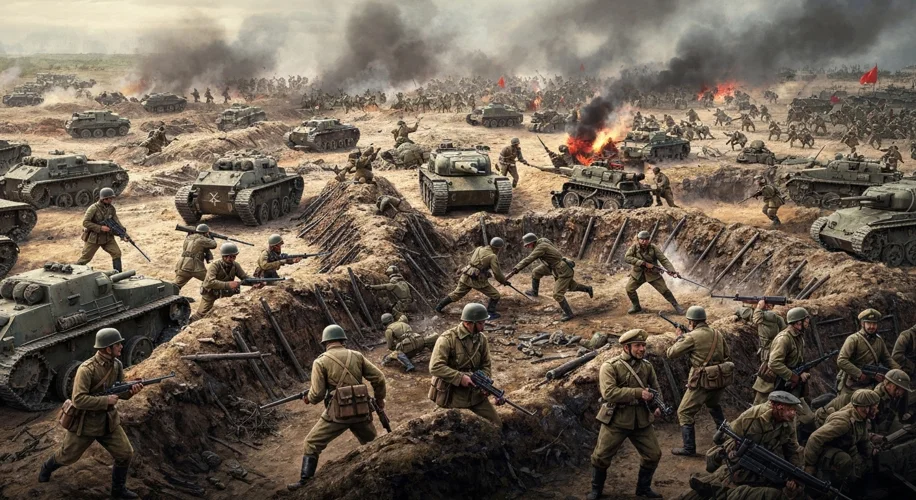 A chaotic battle scene during the Russian Civil War, with Red Army soldiers clashing against White A