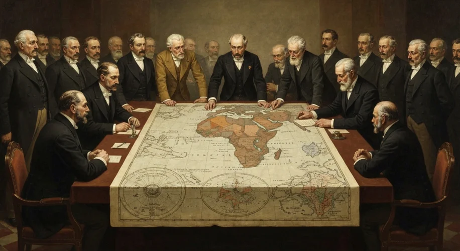 A historical painting depicting the Berlin Conference of 1884-1885, with European colonial powers di