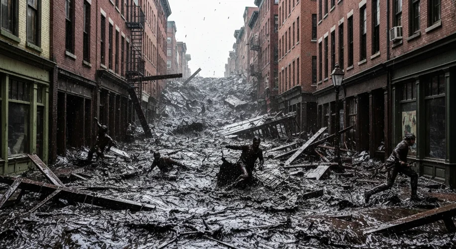 A dark, terrifying wave of molasses engulfs streets and buildings in Boston's North End, with panick