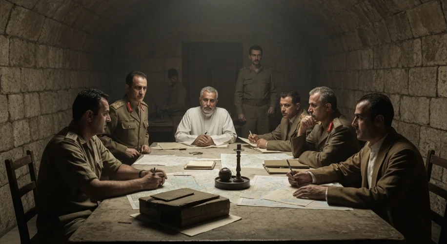 A dimly lit, cavernous room in Beirut, 1982. Several men, some in military attire, others in clerica