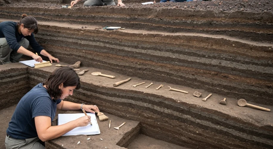 An archaeological dig site with researchers carefully excavating layers of sediment, revealing ancie