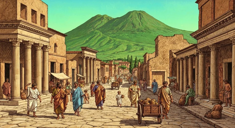 An illustration of a bustling Roman street in Pompeii with Mount Vesuvius visible and green in the b