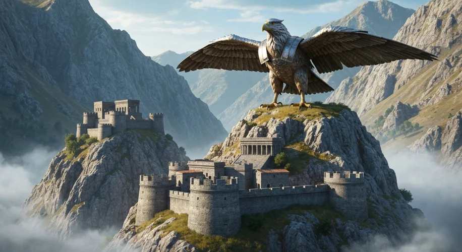 A Roman military standard (aquila) planted firmly in the rugged, mountainous terrain of ancient Thra