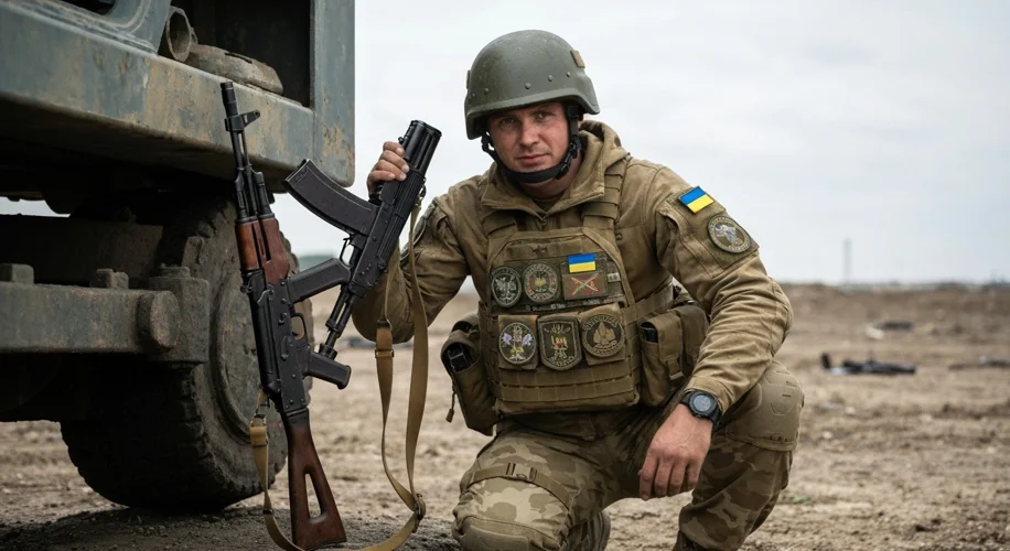 A Ukrainian soldier, battle-hardened but determined, looks out over a landscape of rolling hills and