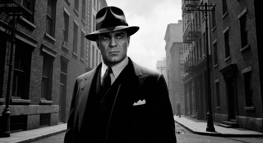 A dramatic black and white scene from a classic Warner Bros. gangster film, featuring James Cagney i