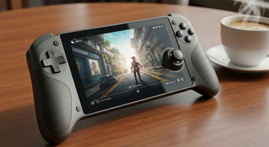 A sleek, modern handheld gaming device with a vibrant screen displaying a high-fidelity video game, 