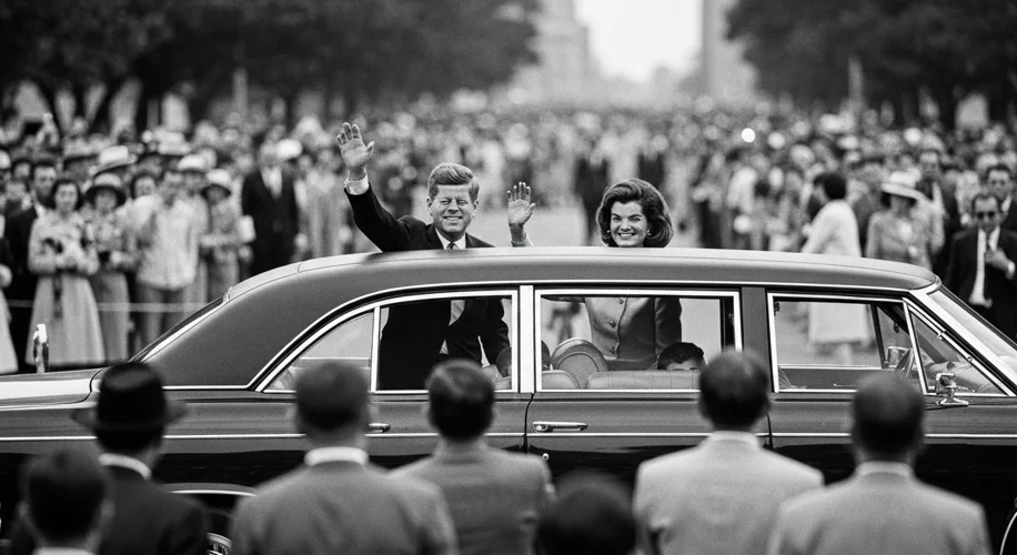 A black and white photograph capturing President John F. Kennedy and First Lady Jacqueline Kennedy s