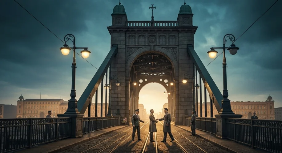 The Glienicke Bridge connecting East and West Berlin, with figures of people exchanging on the bridg