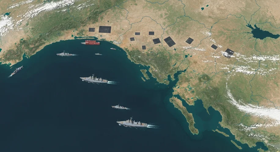 A satellite image of the Persian Gulf region, highlighting major oil fields and shipping lanes, with