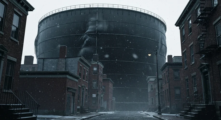 A large, dark molasses storage tank in Boston's North End on a cold winter day, with residential bui