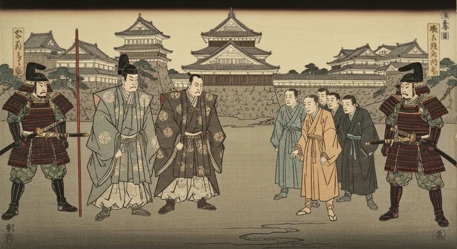 A Japanese woodblock print depicting Tokugawa era officials confronting Christian missionaries, with