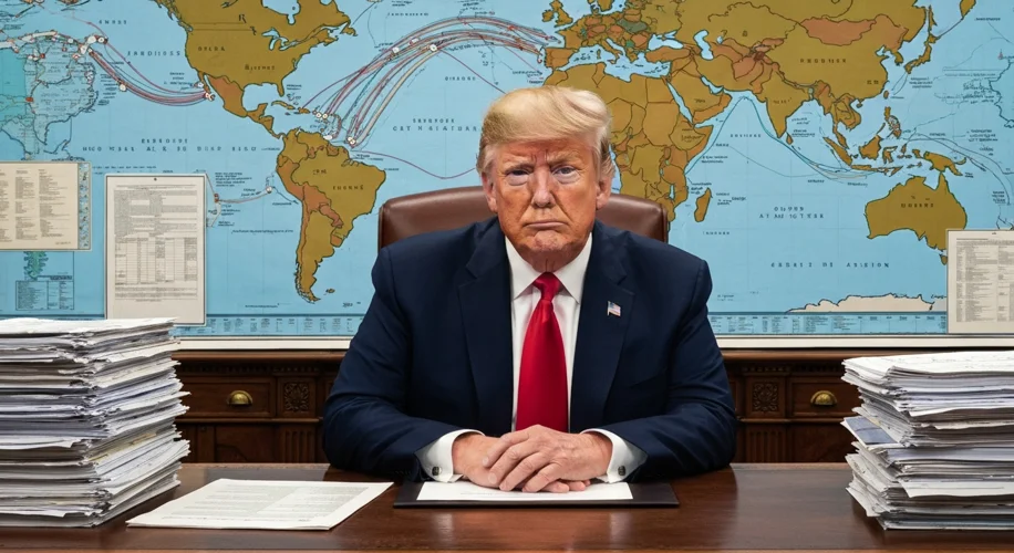 Donald Trump in the Oval Office, surrounded by maps and trade documents, with a determined expressio