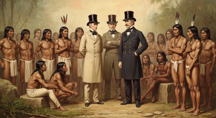 A 19th-century colonial illustration depicting European explorers being welcomed by indigenous peopl