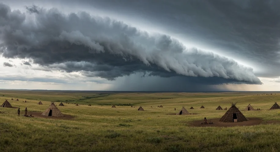 A wide, sweeping vista of a prehistoric landscape with scattered human encampments. The sky is drama