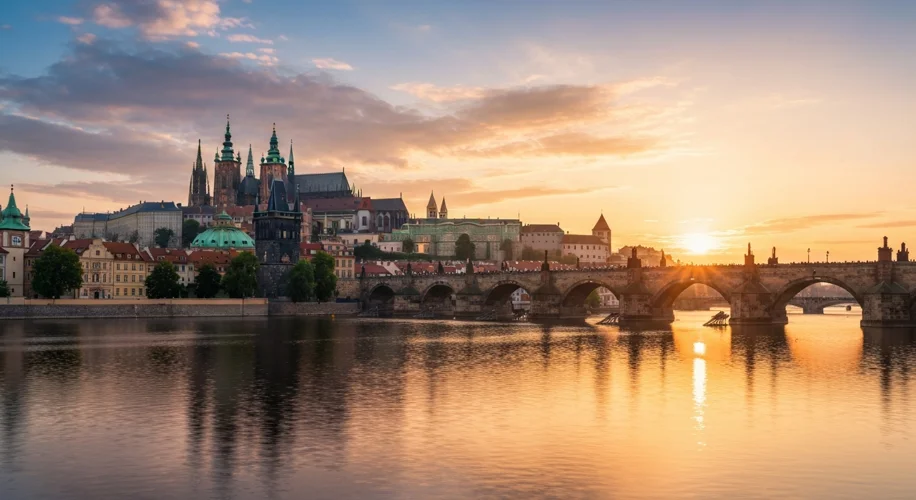 A panoramic view of Prague Castle and the Charles Bridge, with the Vltava River flowing beneath, bat