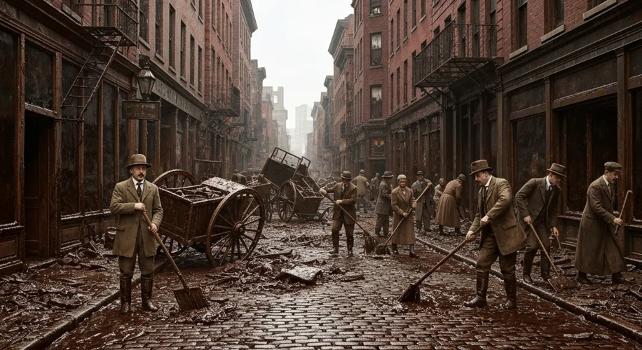 A street scene in Boston's North End after the Great Molasses Flood, showing debris, damaged buildin
