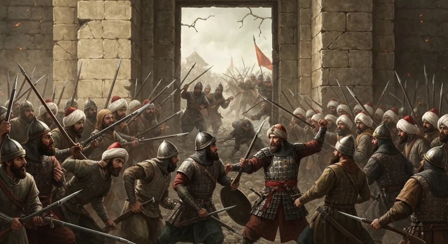A dramatic depiction of the final moments of the Siege of Constantinople. Ottoman Janissaries are br