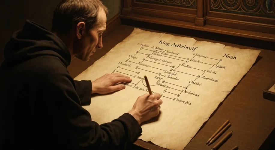 A medieval monk meticulously inscribies a genealogy on parchment, surrounded by illuminated manuscri