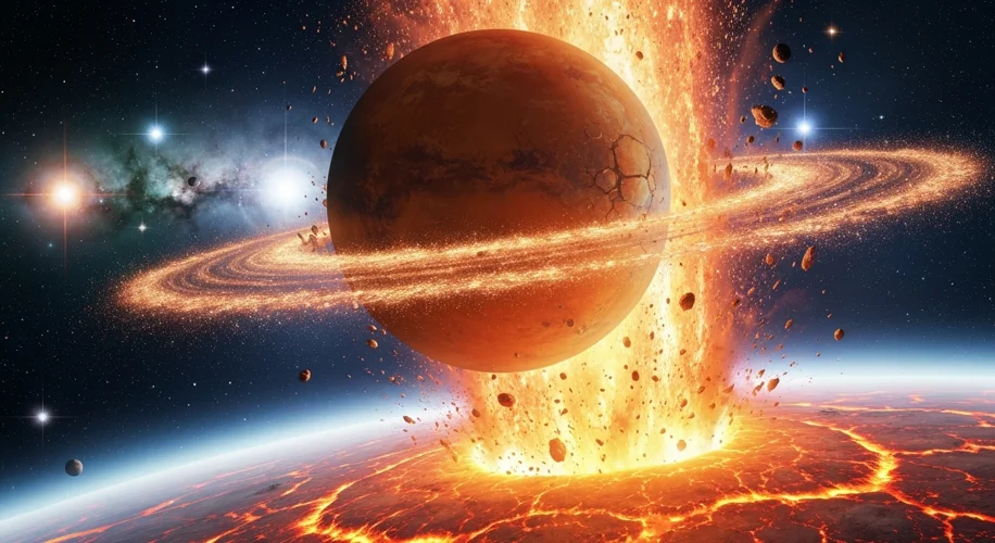 A dramatic, artist's impression of a massive, Mars-sized planet colliding with a fiery, molten early