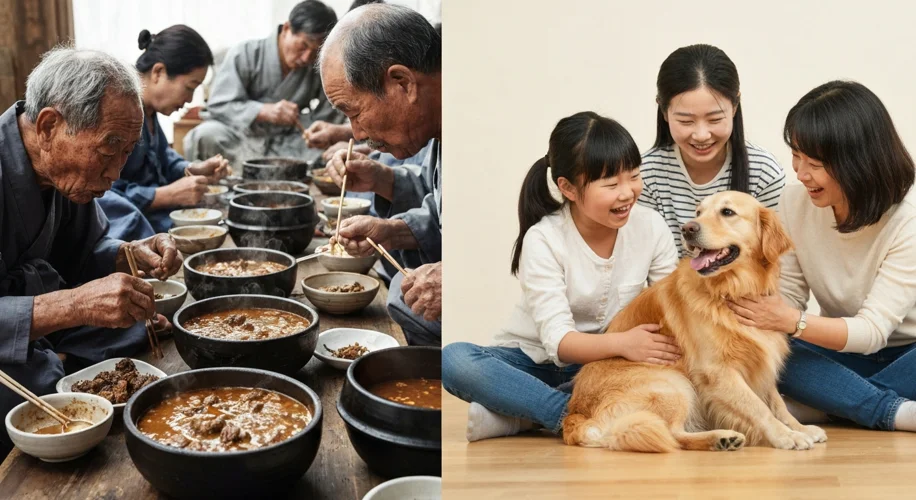 A split image: one side shows a stern-faced group of traditional Korean elders eating dog meat stew,