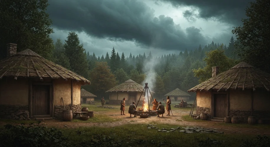 An artistic depiction of a Gallic village nestled in a misty, forested landscape, with roundhouses a