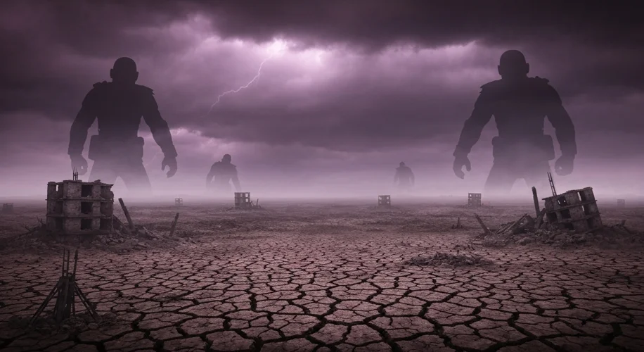 A vast, desolate landscape under a stormy sky, symbolizing the extinguished Polish state. Three shad