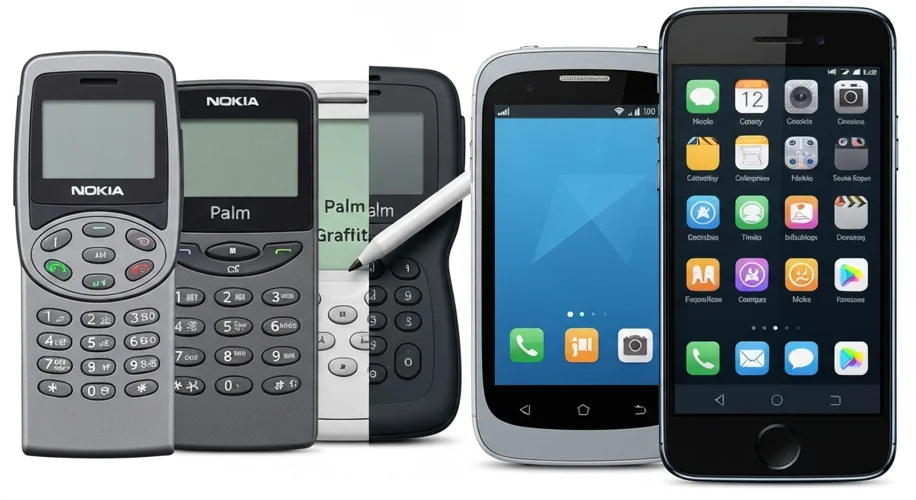 A montage showing the evolution of mobile phone interfaces: starting with a Nokia 1011 with physical
