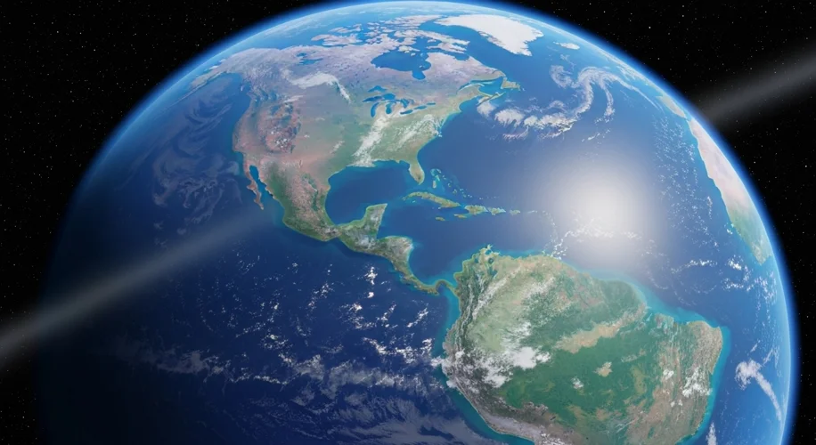 An artist's impression of Earth from space, with a subtle shift in atmospheric hue indicating a grad