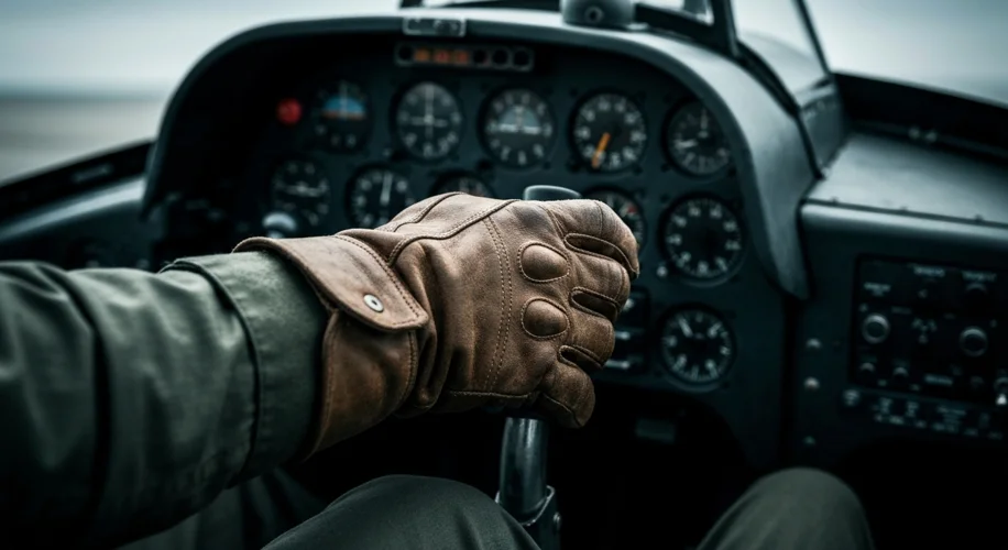 A close-up of a Tuskegee Airman's hand, wearing a pilot's glove, reaching for the control stick of a