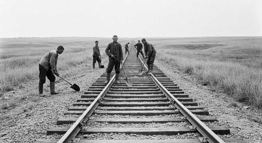A black and white photograph of Chinese laborers working on railroad construction in Texas, with pic