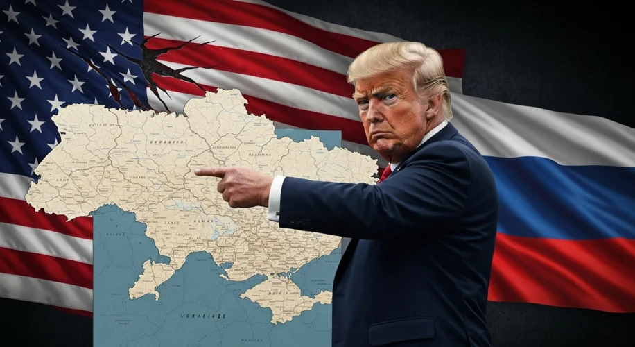 A symbolic image depicting a stern-faced Donald Trump pointing decisively towards a map of Ukraine, 