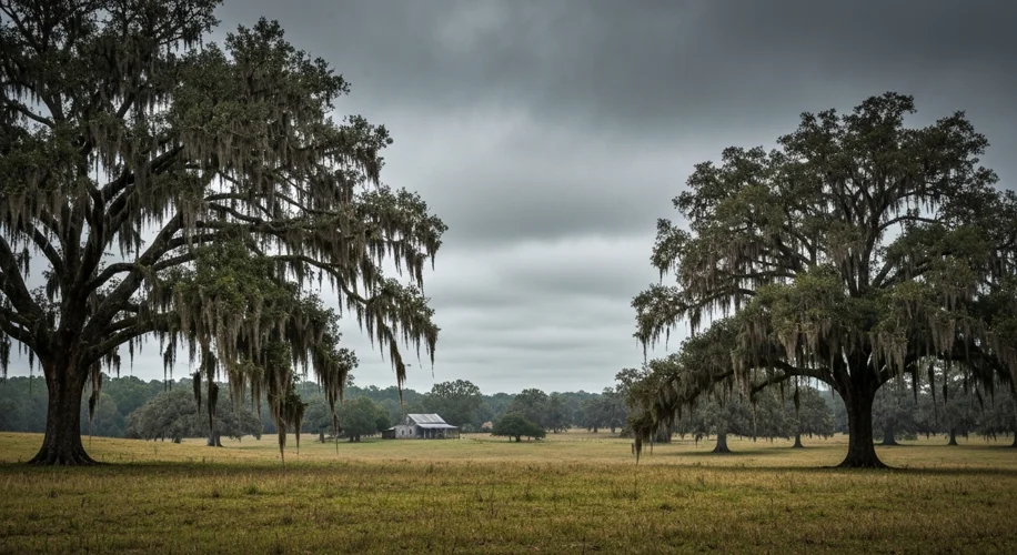 A somber landscape view of Robeson County, North Carolina, with Spanish moss-draped trees and a dist
