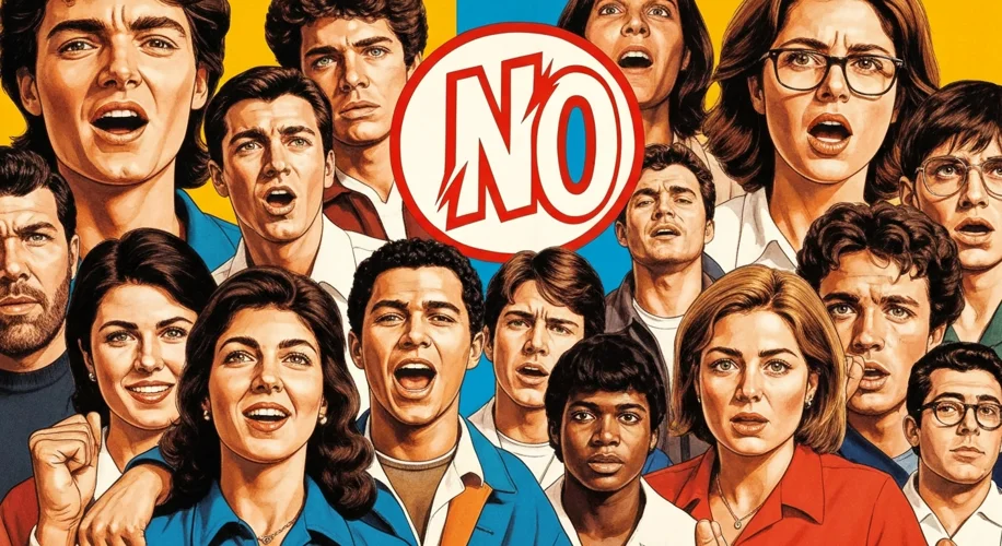 A vibrant, colorful poster from the 1988 Chilean 'No' campaign, featuring hopeful faces and the icon