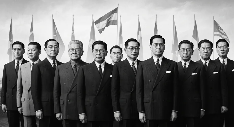 A black and white photograph of leaders from newly independent nations in the 1950s, looking determi