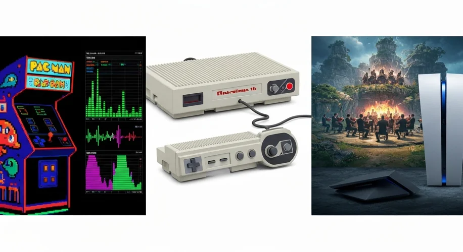 A collage showing the evolution of video game music: on the left, a retro arcade cabinet playing Pac