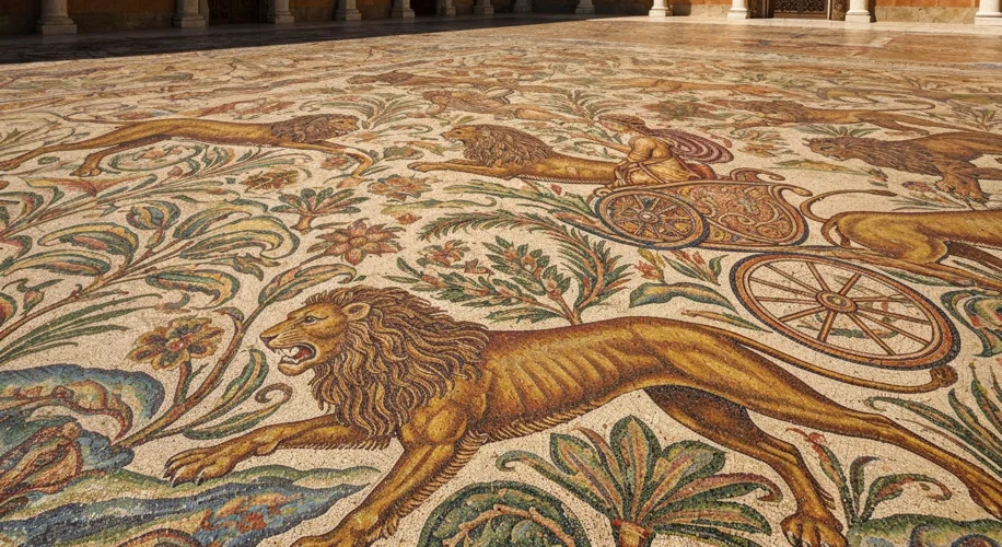 A vibrant Roman mosaic floor depicting a hunting scene with lions and a charioteer, made of small, c