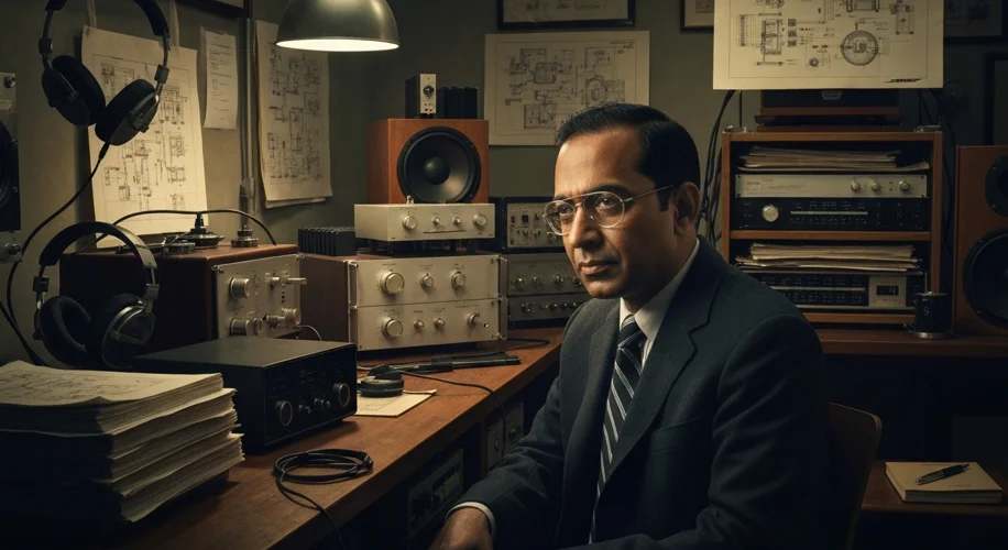 A vintage photograph of Dr. Amar G. Bose in his lab, surrounded by early audio equipment and schemat
