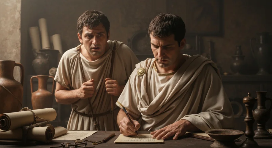 An ancient Roman tax collector, wearing a toga, meticulously inscribes details onto a wax tablet whi