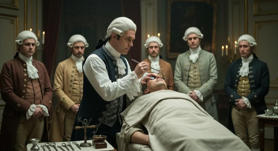 An 18th-century French operating theatre with a surgeon in period dress carefully using a long, thin