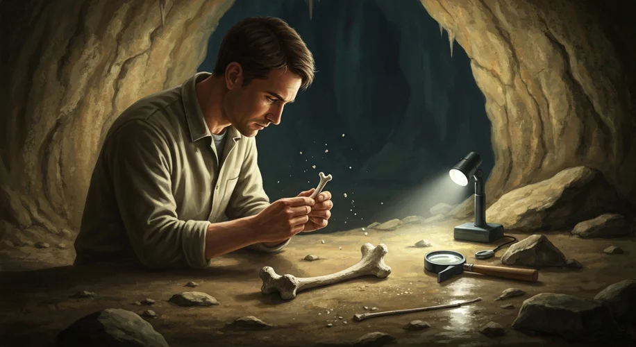 An illustration of a paleontologist carefully examining a small, ancient bone fragment discovered in