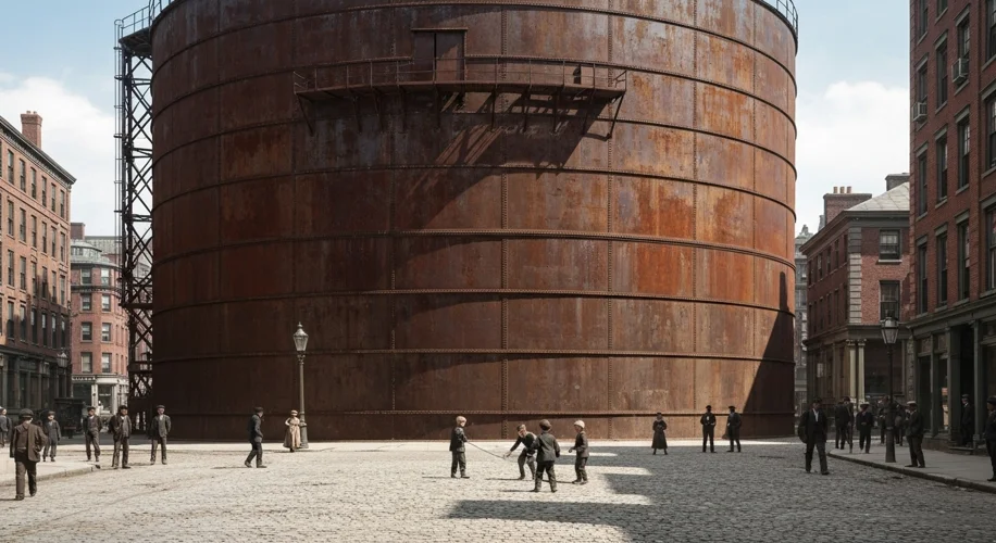 A massive, rusted molasses storage tank looming over a bustling Boston neighborhood street in the ea