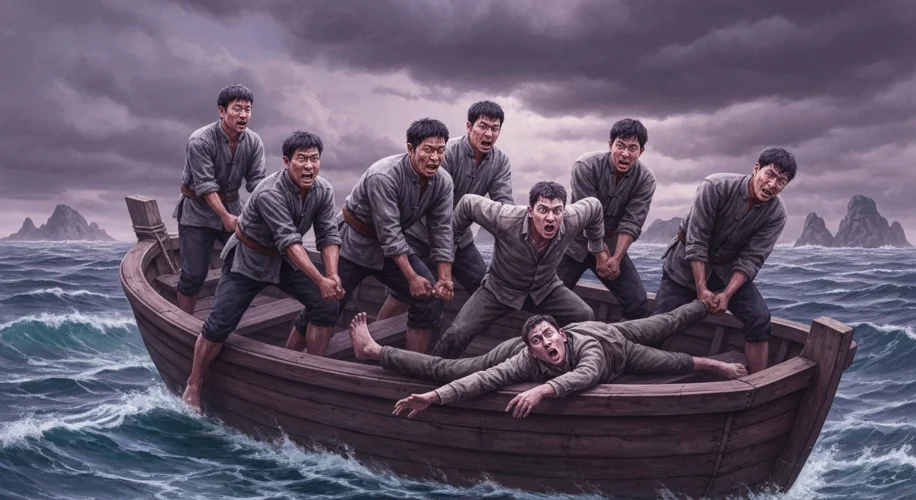 A group of weathered Chinese fishermen in traditional clothing, pulling exhausted British soldiers f