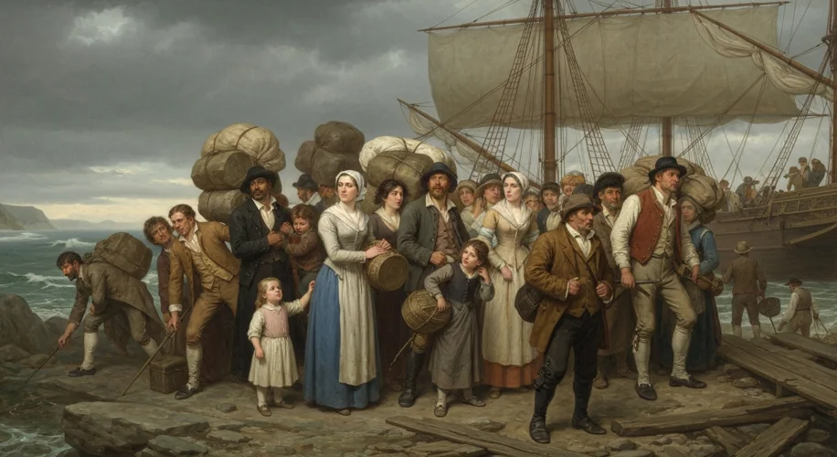 A historical depiction of diverse groups of men, women, and children carrying belongings as they boa