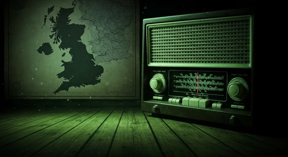 A vintage radio, emitting faint, eerie green light, sits on a wooden table in a dimly lit room. The 