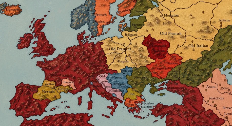 A medieval European map showing fragmented kingdoms and different shades of colors representing earl