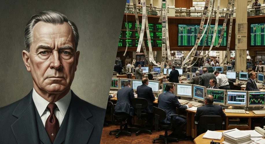 A split image: on the left, a formal portrait of a stern-faced Federal Reserve Governor from the mid
