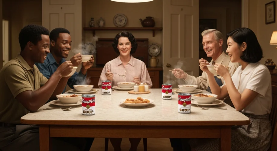 A diverse American family gathered around a dinner table in the 1950s, sharing bowls of Campbell's s