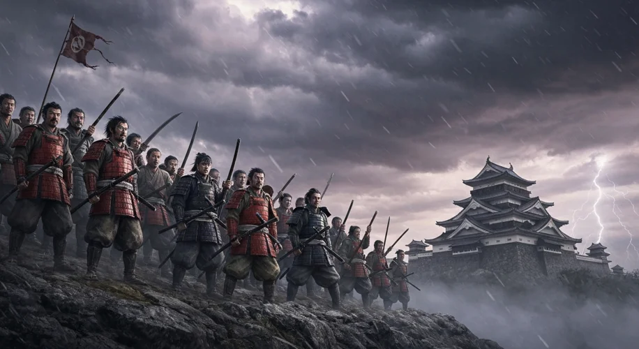 A dramatic depiction of a large, weary group of Japanese peasants and samurai, some holding crude we