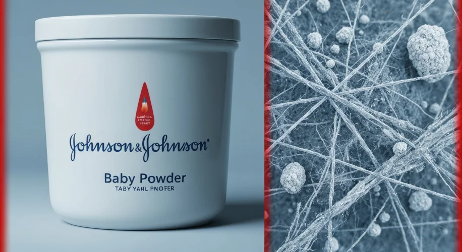 A split image showing a pristine Johnson & Johnson baby powder container on one side, and on the oth